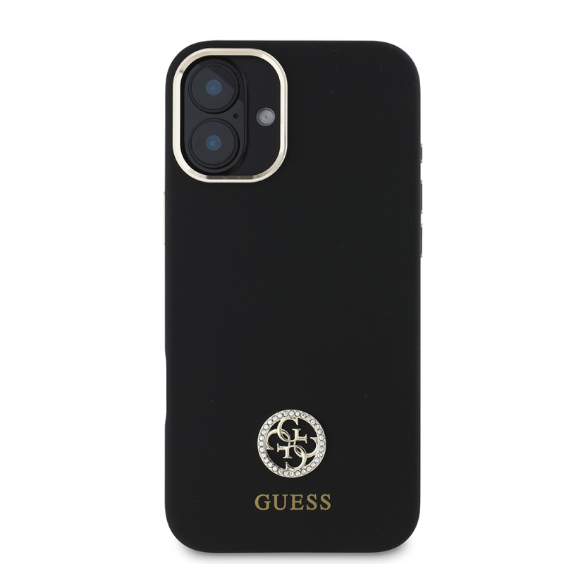 Apple iPhone 16 Plus Case Guess Original Licensed Text and Stoned 4G Logo Metal Camera Frame Silicone Cover - 4