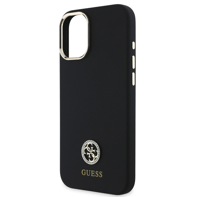 Apple iPhone 16 Plus Case Guess Original Licensed Text and Stoned 4G Logo Metal Camera Frame Silicone Cover - 7