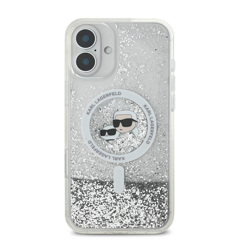 Apple iPhone 16 Plus Case Karl Lagerfeld Original Licensed Magsafe Charging Featured Liquid Glitter K&C Heads Cover - 4