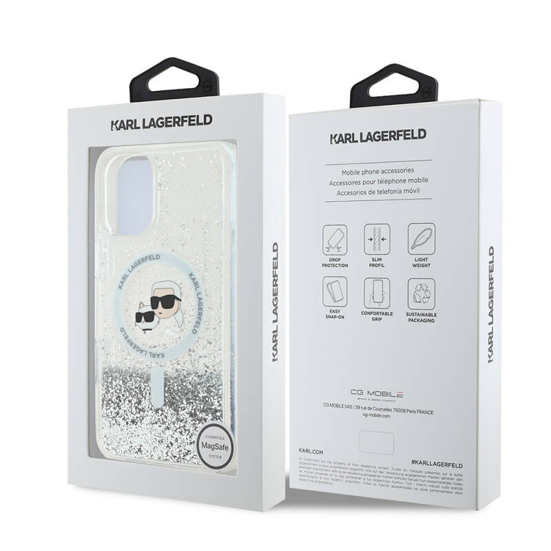 Apple iPhone 16 Plus Case Karl Lagerfeld Original Licensed Magsafe Charging Featured Liquid Glitter K&C Heads Cover - 9