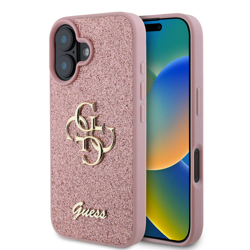 Apple iPhone 16 Plus Case Large Metal Logo Guess Original Licensed 4G Glitter Cover - 4