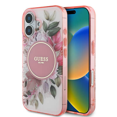 Apple iPhone 16 Plus Guess Original Licensed Magsafe Charging Featured IML Printed Text Logo Flower Tonal Circle Cover - 1