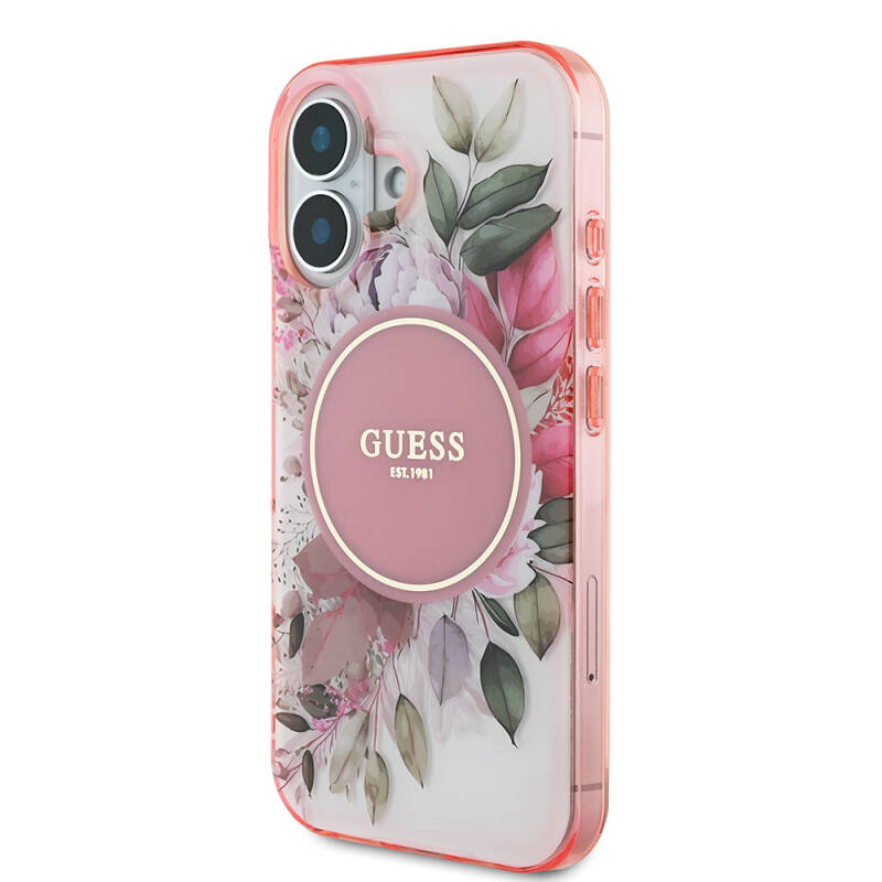 Apple iPhone 16 Plus Guess Original Licensed Magsafe Charging Featured IML Printed Text Logo Flower Tonal Circle Cover - 3