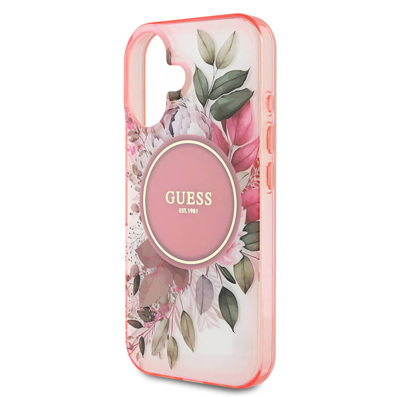 Apple iPhone 16 Plus Guess Original Licensed Magsafe Charging Featured IML Printed Text Logo Flower Tonal Circle Cover - 7