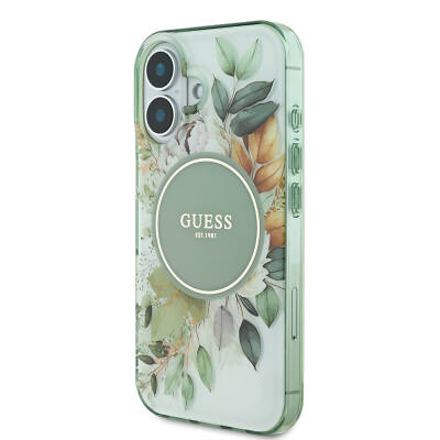 Apple iPhone 16 Plus Guess Original Licensed Magsafe Charging Featured IML Printed Text Logo Flower Tonal Circle Cover - 11