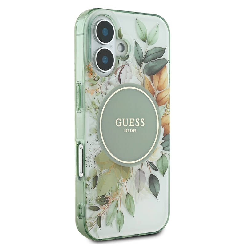 Apple iPhone 16 Plus Guess Original Licensed Magsafe Charging Featured IML Printed Text Logo Flower Tonal Circle Cover - 13