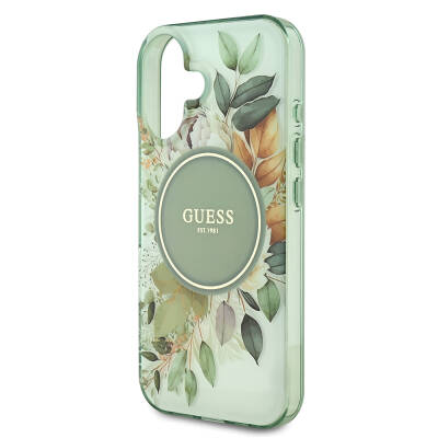 Apple iPhone 16 Plus Guess Original Licensed Magsafe Charging Featured IML Printed Text Logo Flower Tonal Circle Cover - 15