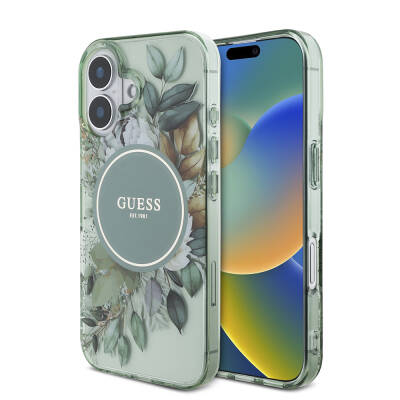 Apple iPhone 16 Plus Kılıf Guess Original Licensed Magsafe Charging Featured IML Printed Flower Pearl Bracelet Cover - 1