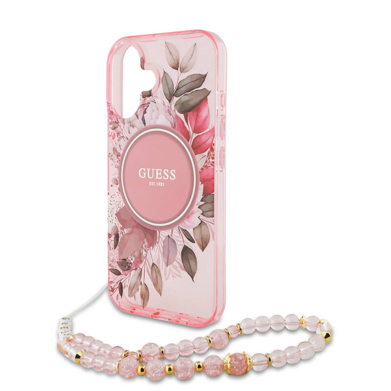 Apple iPhone 16 Plus Kılıf Guess Original Licensed Magsafe Charging Featured IML Printed Flower Pearl Bracelet Cover - 14