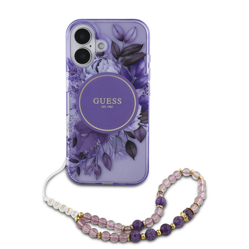 Apple iPhone 16 Plus Kılıf Guess Original Licensed Magsafe Charging Featured IML Printed Flower Pearl Bracelet Cover - 17