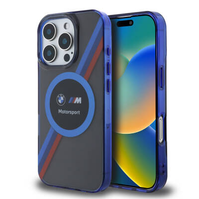 Apple iPhone 16 Pro Case BMW Original Licensed Magsafe Charging Featured M Logo Three Color Striped Motorsport Circle Cover - 19