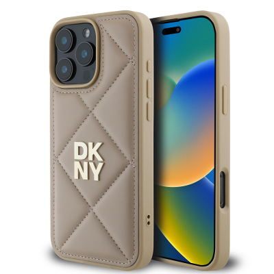 Apple iPhone 16 Pro Case DKNY Original Licensed Quilted Design Metal Logo Leather Cover - 1