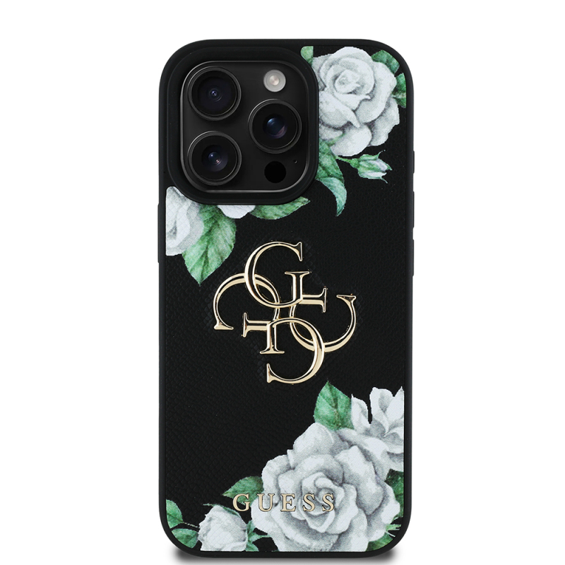 Apple iPhone 16 Pro Case Guess Original Licensed Feature and Rose Printed Large Metal Logo Design Cover - 1