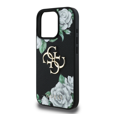 Apple iPhone 16 Pro Case Guess Original Licensed Feature and Rose Printed Large Metal Logo Design Cover - 7