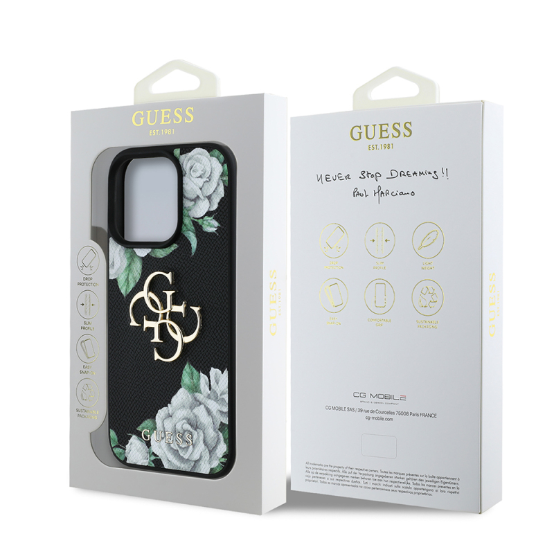 Apple iPhone 16 Pro Case Guess Original Licensed Feature and Rose Printed Large Metal Logo Design Cover - 11