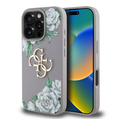 Apple iPhone 16 Pro Case Guess Original Licensed Feature and Rose Printed Large Metal Logo Design Cover - 16