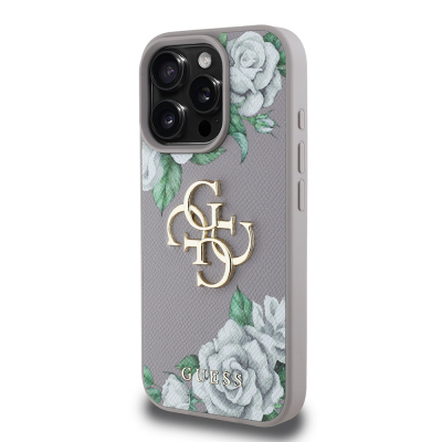 Apple iPhone 16 Pro Case Guess Original Licensed Feature and Rose Printed Large Metal Logo Design Cover - 13