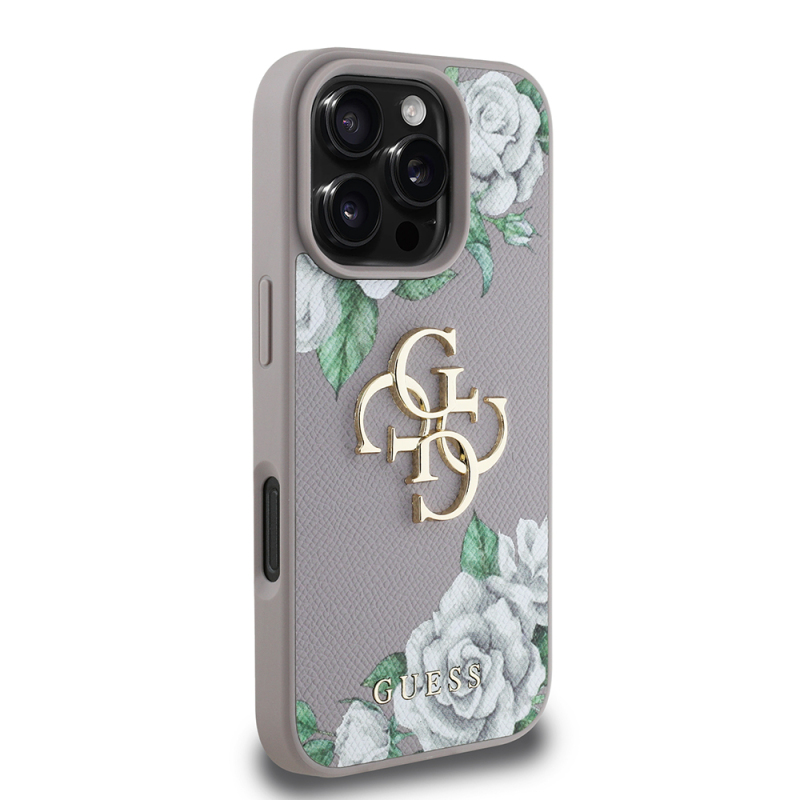 Apple iPhone 16 Pro Case Guess Original Licensed Feature and Rose Printed Large Metal Logo Design Cover - 12