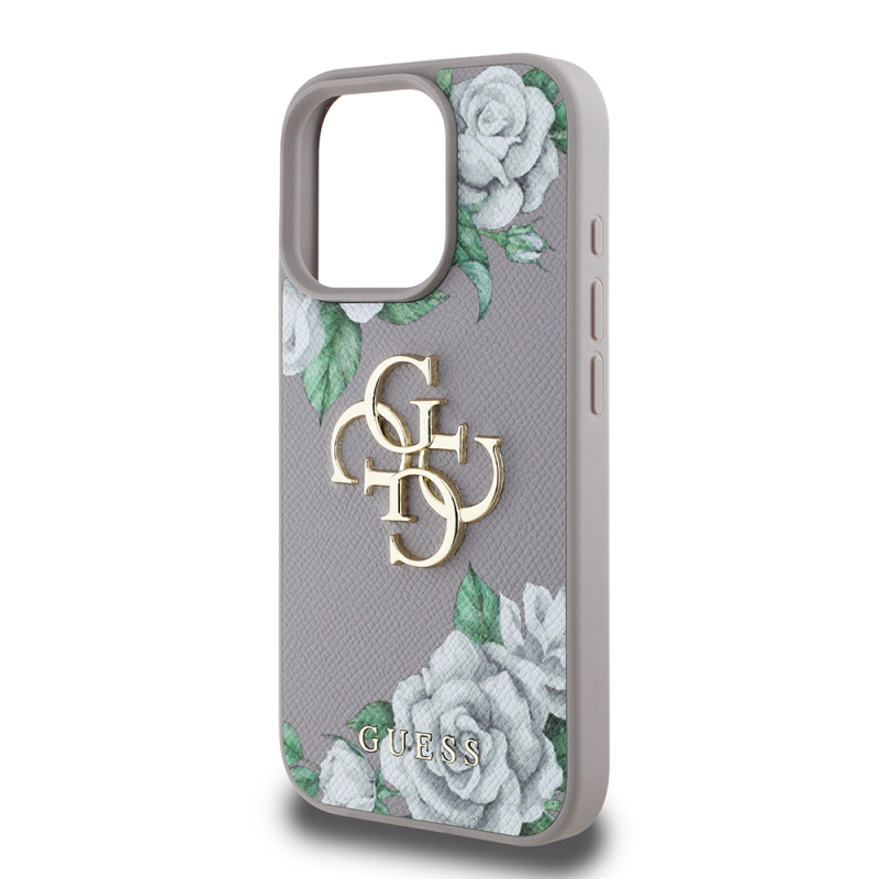 Apple iPhone 16 Pro Case Guess Original Licensed Feature and Rose Printed Large Metal Logo Design Cover - 14