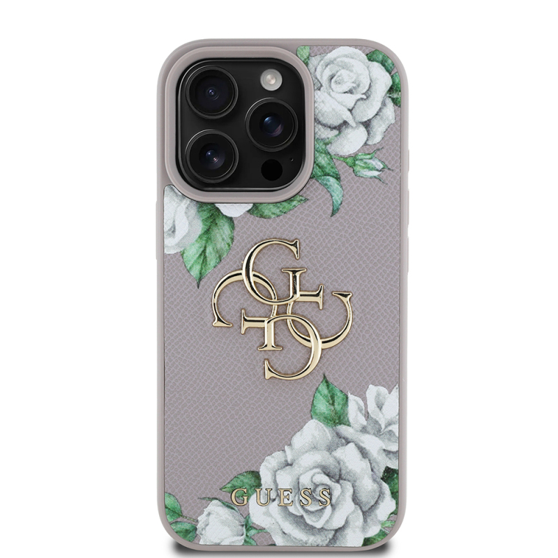 Apple iPhone 16 Pro Case Guess Original Licensed Feature and Rose Printed Large Metal Logo Design Cover - 3