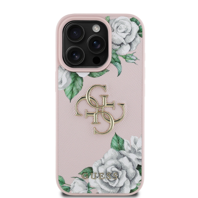 Apple iPhone 16 Pro Case Guess Original Licensed Feature and Rose Printed Large Metal Logo Design Cover - 4