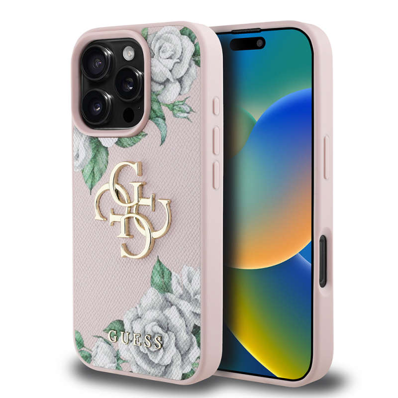 Apple iPhone 16 Pro Case Guess Original Licensed Feature and Rose Printed Large Metal Logo Design Cover - 23