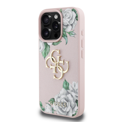 Apple iPhone 16 Pro Case Guess Original Licensed Feature and Rose Printed Large Metal Logo Design Cover - 19