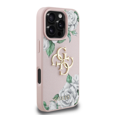 Apple iPhone 16 Pro Case Guess Original Licensed Feature and Rose Printed Large Metal Logo Design Cover - 20