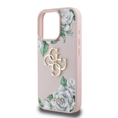 Apple iPhone 16 Pro Case Guess Original Licensed Feature and Rose Printed Large Metal Logo Design Cover - 21