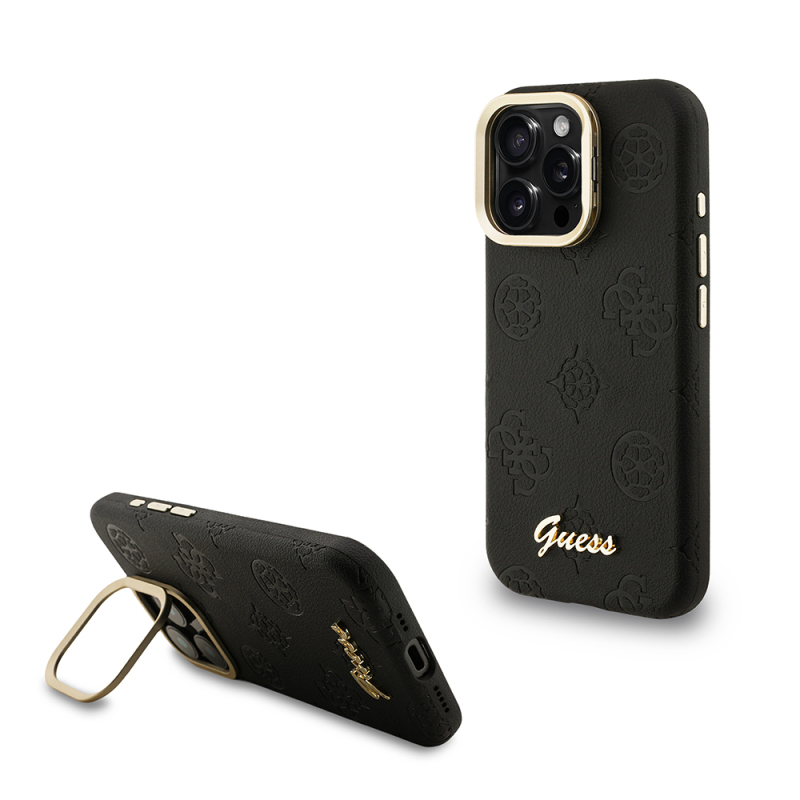Apple iPhone 16 Pro Case Guess Original Licensed M-safe Charging Feature Hot Printed Text Logo Camera Stand PU Leather Peony Cover - 1