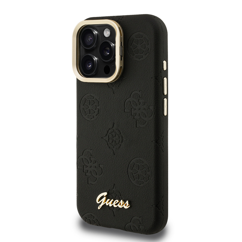 Apple iPhone 16 Pro Case Guess Original Licensed M-safe Charging Feature Hot Printed Text Logo Camera Stand PU Leather Peony Cover - 5