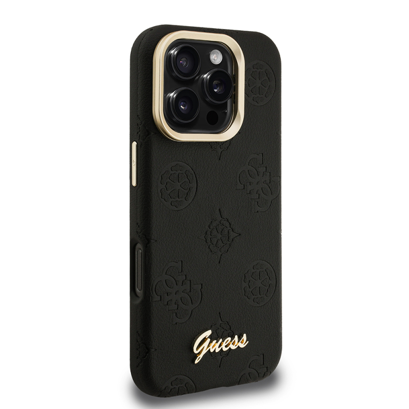 Apple iPhone 16 Pro Case Guess Original Licensed M-safe Charging Feature Hot Printed Text Logo Camera Stand PU Leather Peony Cover - 7