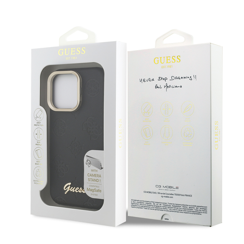 Apple iPhone 16 Pro Case Guess Original Licensed M-safe Charging Feature Hot Printed Text Logo Camera Stand PU Leather Peony Cover - 11