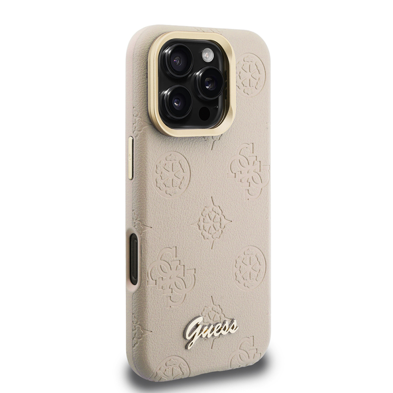 Apple iPhone 16 Pro Case Guess Original Licensed M-safe Charging Feature Hot Printed Text Logo Camera Stand PU Leather Peony Cover - 14