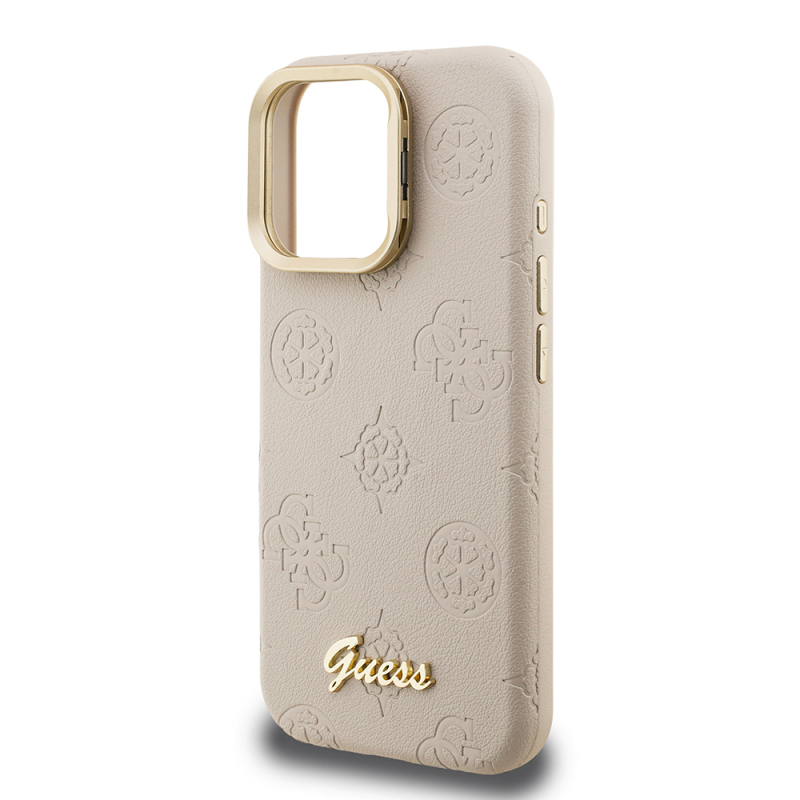 Apple iPhone 16 Pro Case Guess Original Licensed M-safe Charging Feature Hot Printed Text Logo Camera Stand PU Leather Peony Cover - 16