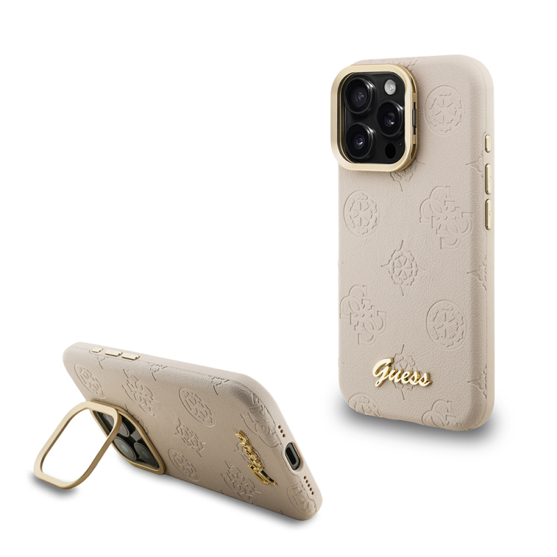 Apple iPhone 16 Pro Case Guess Original Licensed M-safe Charging Feature Hot Printed Text Logo Camera Stand PU Leather Peony Cover - 3