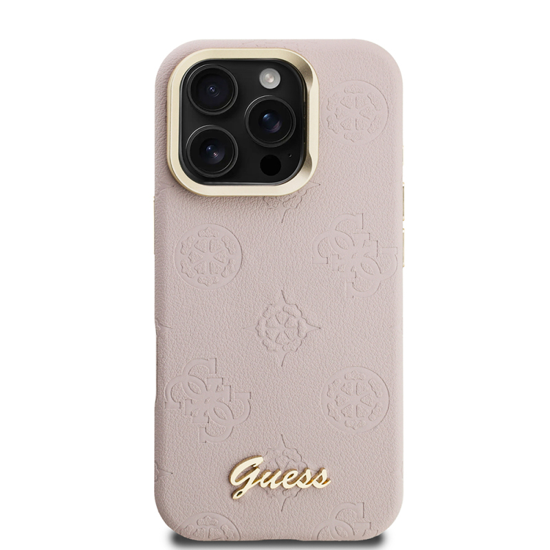 Apple iPhone 16 Pro Case Guess Original Licensed M-safe Charging Feature Hot Printed Text Logo Camera Stand PU Leather Peony Cover - 20