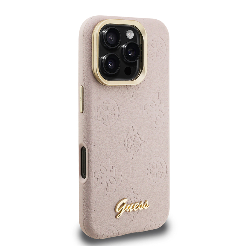 Apple iPhone 16 Pro Case Guess Original Licensed M-safe Charging Feature Hot Printed Text Logo Camera Stand PU Leather Peony Cover - 21