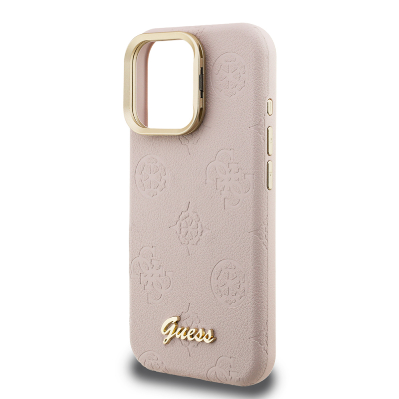 Apple iPhone 16 Pro Case Guess Original Licensed M-safe Charging Feature Hot Printed Text Logo Camera Stand PU Leather Peony Cover - 23