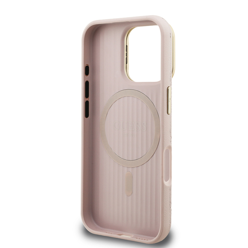 Apple iPhone 16 Pro Case Guess Original Licensed M-safe Charging Feature Hot Printed Text Logo Camera Stand PU Leather Peony Cover - 24