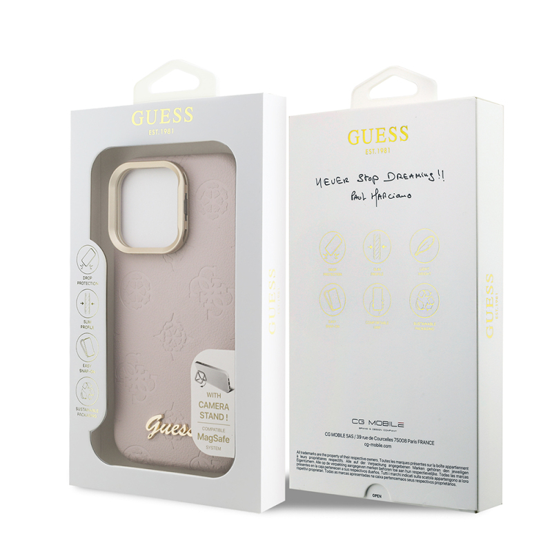 Apple iPhone 16 Pro Case Guess Original Licensed M-safe Charging Feature Hot Printed Text Logo Camera Stand PU Leather Peony Cover - 25