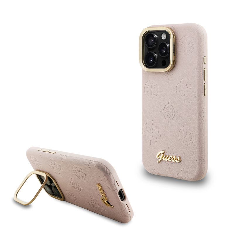 Apple iPhone 16 Pro Case Guess Original Licensed M-safe Charging Feature Hot Printed Text Logo Camera Stand PU Leather Peony Cover - 4