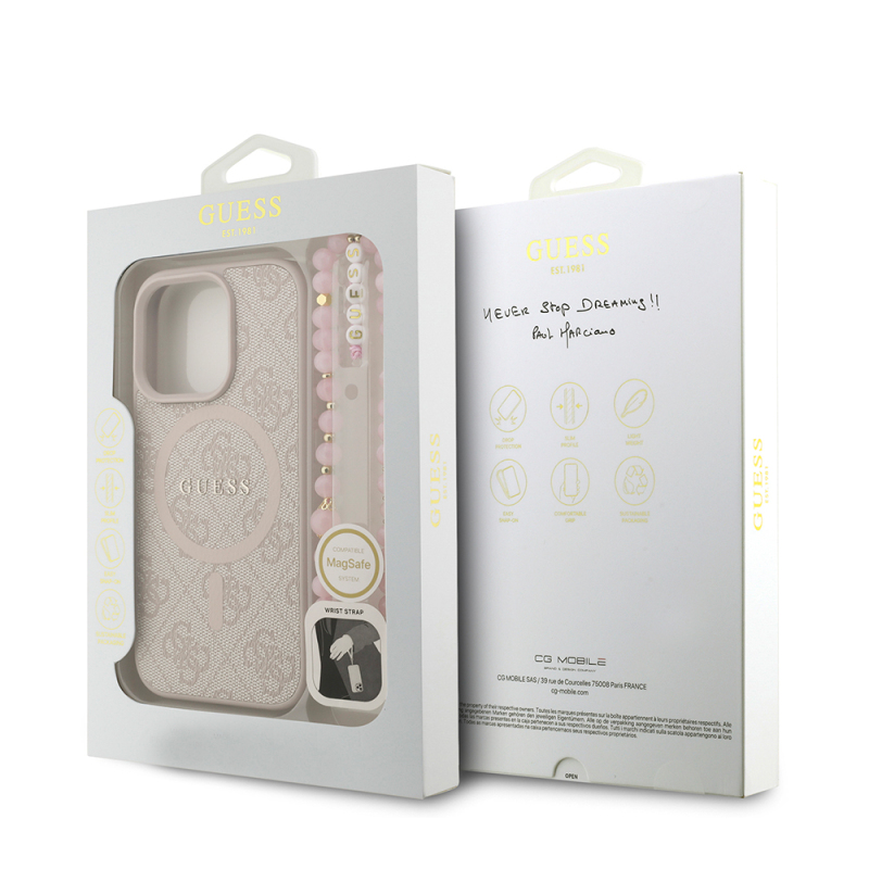 Apple iPhone 16 Pro Case Guess Original Licensed M-safe Charging Feature PU Leather Wrist Strap Rope Cover Text Logo - 9