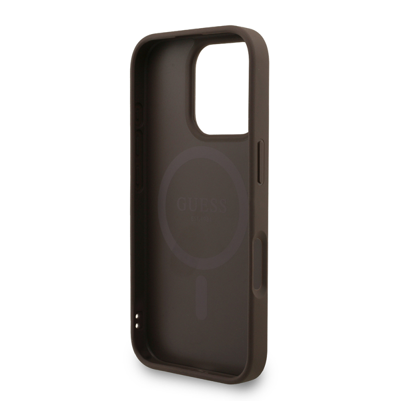 Apple iPhone 16 Pro Case Guess Original Licensed M-safe Charging Feature PU Leather Wrist Strap Rope Cover Text Logo - 16