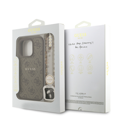 Apple iPhone 16 Pro Case Guess Original Licensed M-safe Charging Feature PU Leather Wrist Strap Rope Cover Text Logo - 17