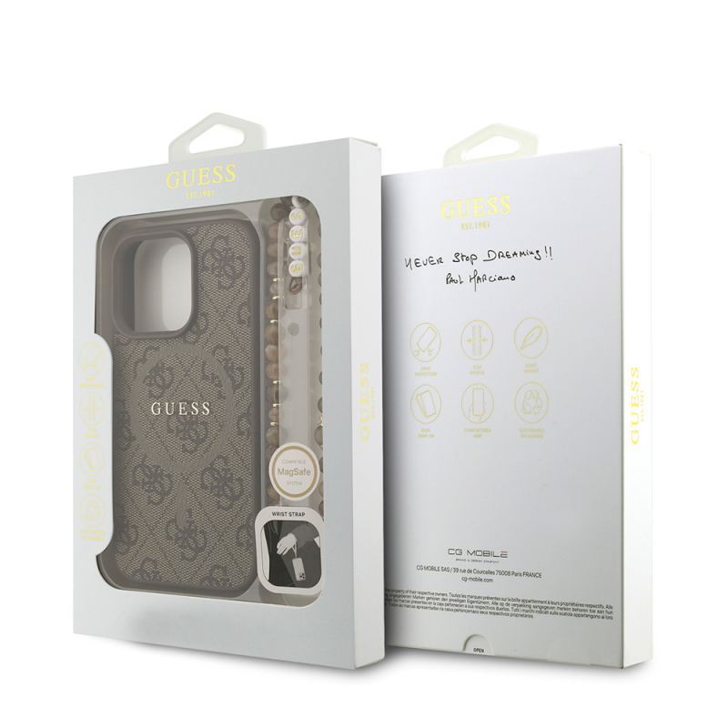 Apple iPhone 16 Pro Case Guess Original Licensed M-safe Charging Feature PU Leather Wrist Strap Rope Cover Text Logo - 17