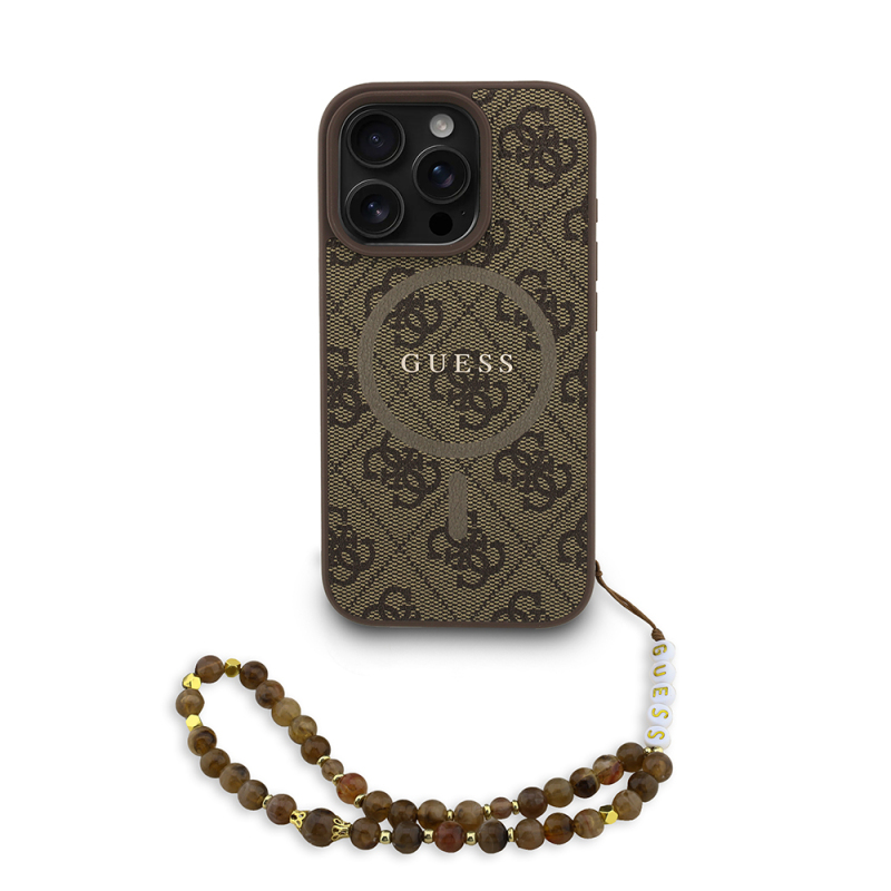 Apple iPhone 16 Pro Case Guess Original Licensed M-safe Charging Feature PU Leather Wrist Strap Rope Cover Text Logo - 10
