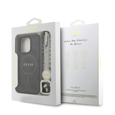 Apple iPhone 16 Pro Case Guess Original Licensed M-safe Charging Feature PU Leather Wrist Strap Rope Cover Text Logo - 25