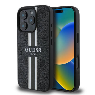 Apple iPhone 16 Pro Case Guess Original Licensed Magsafe Charging Feature 4G Stripe Design Printed Cover - 1