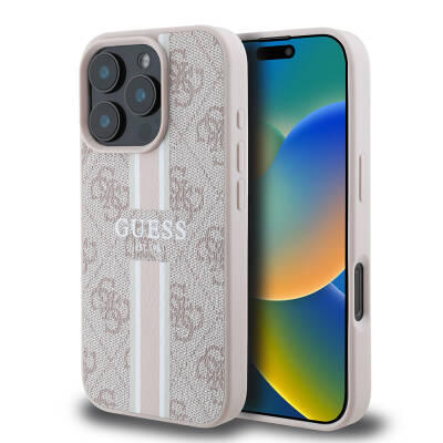 Apple iPhone 16 Pro Case Guess Original Licensed Magsafe Charging Feature 4G Stripe Design Printed Cover - 16